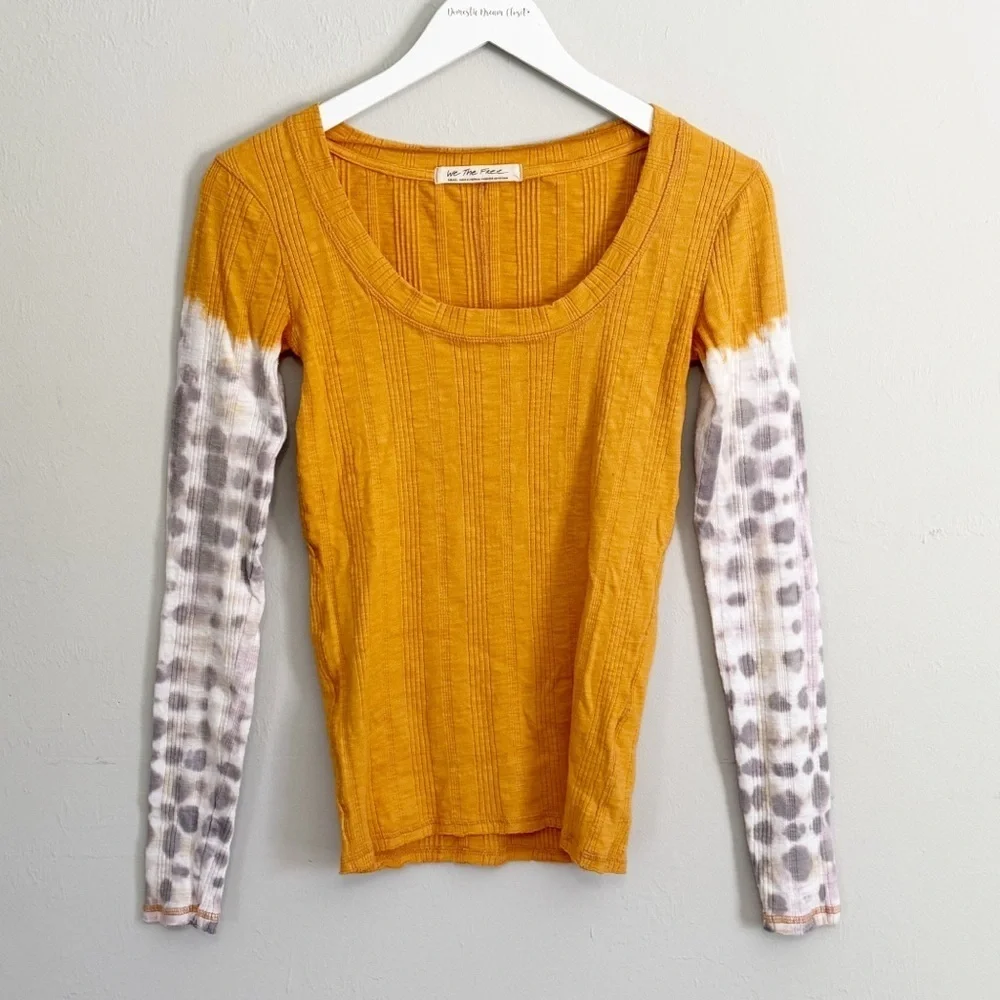 WE THE FREE PEOPLE Women’s Gold Combo BIG SUR Ribbed Tie Dye Long Slv Tee Size S